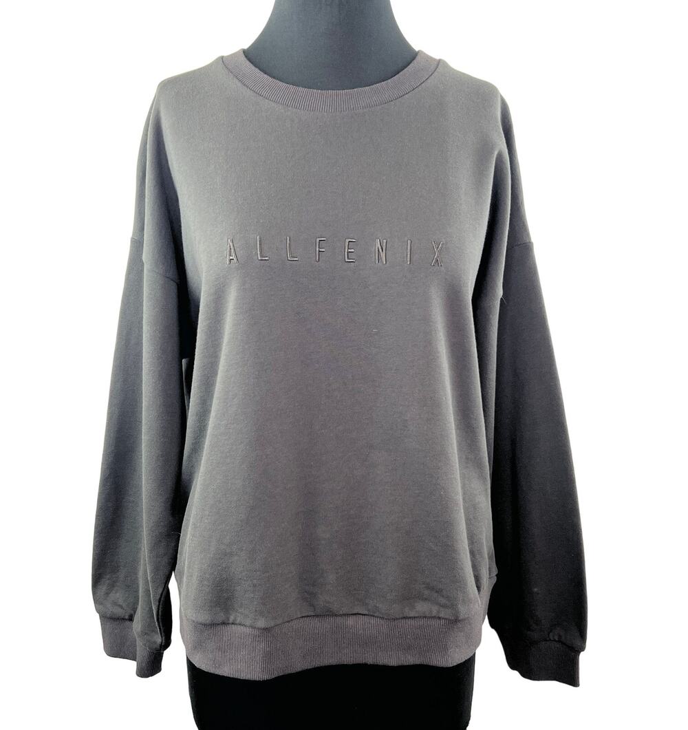 NEW AllFenix Charcoal Dark Grey Long Sleeve Spellout Pullover All Crew Sweater M